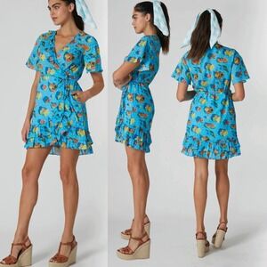 Rachel Antonoff Abby Wrap Dress Blue Citrus Fruit Print Cotton Mini Size M